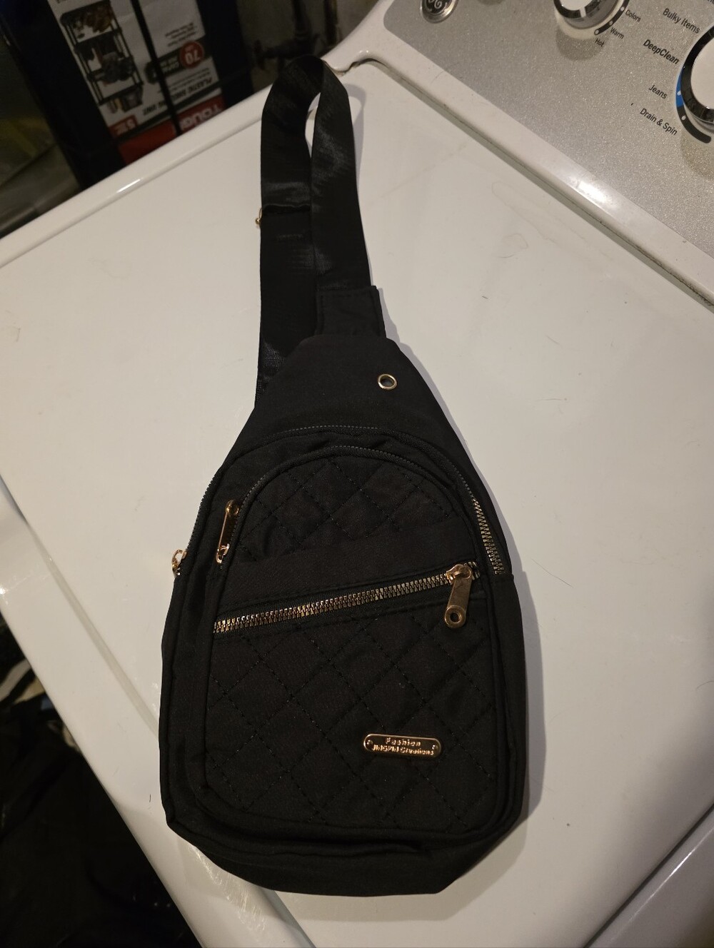 Black Quilted Men's Sling Bag with Gold Trim